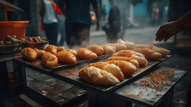 A street vendor sells bread on a grill