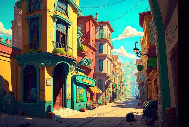 Street in a vibrant cartoon city