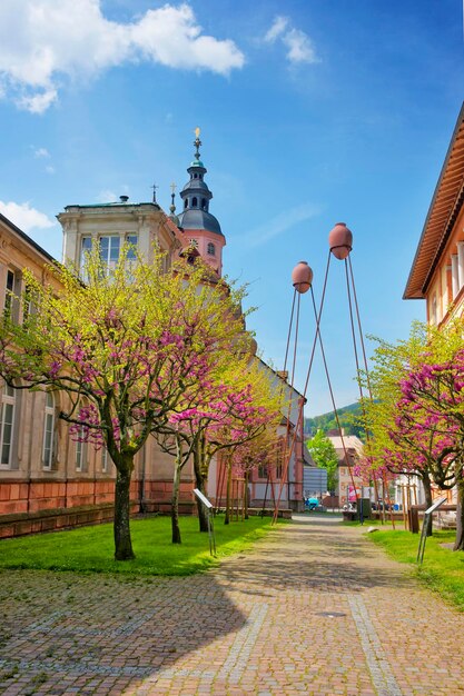 Vista sulla strada della chiesa stiftskirche di baden-baden e della città. baden-baden è una città termale. si trova nel baden-württemberg in germania. la sua chiesa si chiama stiftskirche.