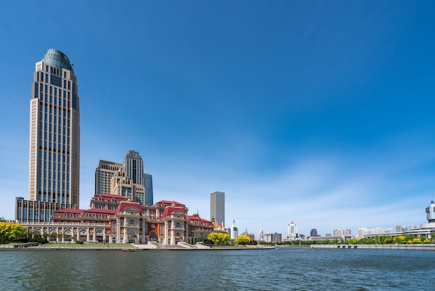 Street View of modern architecture along Haihe River in Tianjin