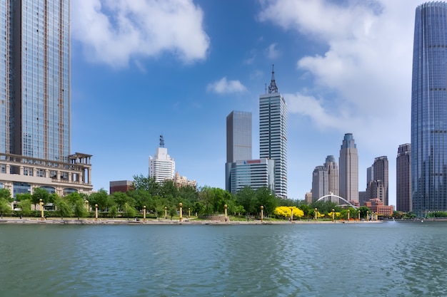 Street view of modern buildings along the Haihe River in Tianjin