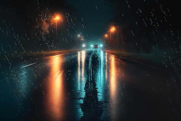 street view at night after rain, when it's wet, generative ai