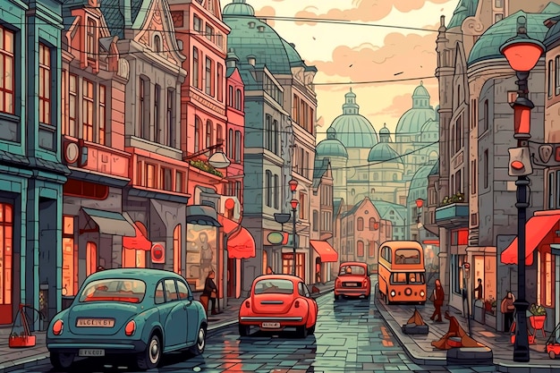 Street view of the old town in Prague Czech Republic Cartoon colorful vector illustrationAI Gener