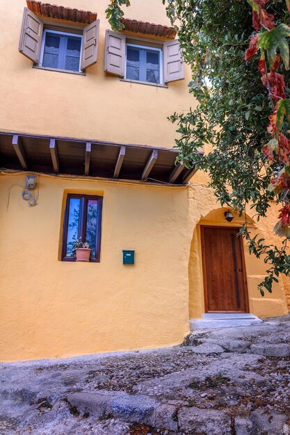 Street view of old town of rhodes greece paved roads and pavements with colorful houses and fragrant