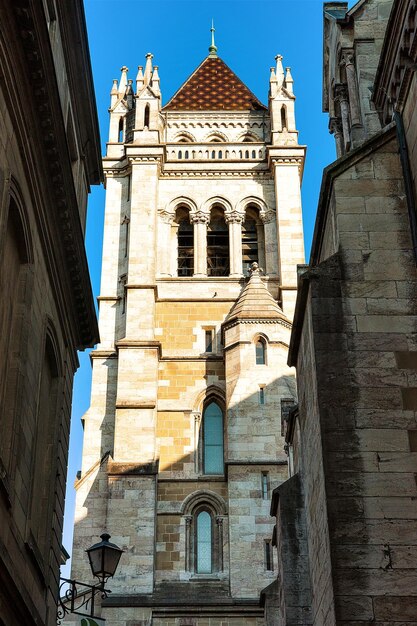 Street view on Tower of St Pierre Cathedral in the old town of Geneva, Switzerland