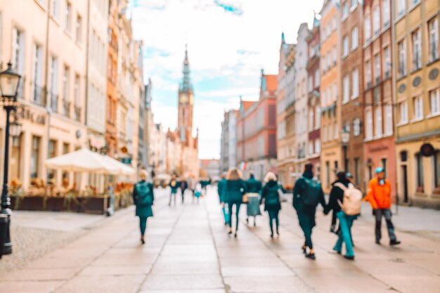 Street view with saint mary cathedral during the morning sunlight in the old town of gdansk high