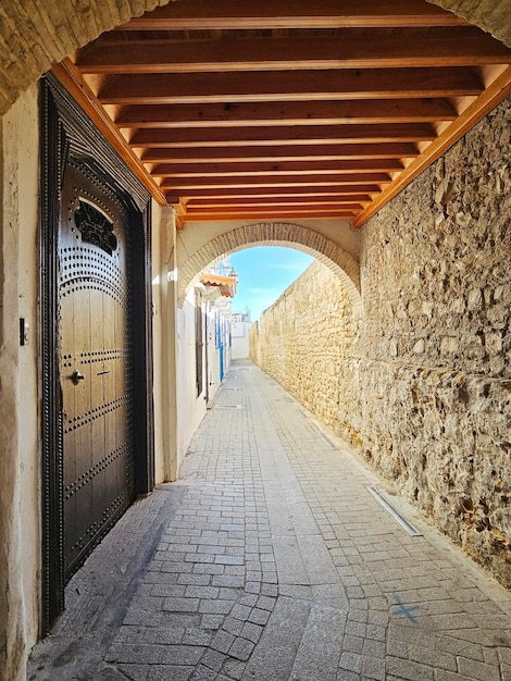 Street next to the wall of the kasbah of Tangier in Morocco