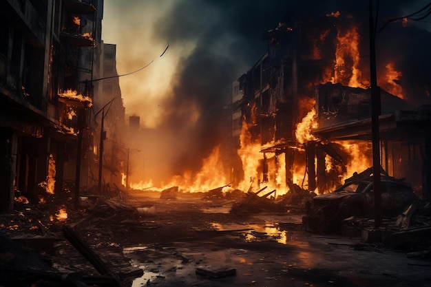 Улица в раздираемом войной городе с разрушенными зданиями Генеративный искусственный интеллект