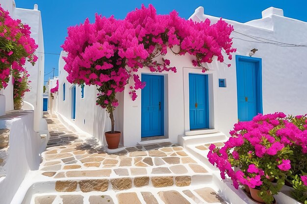 Street with beautiful pink bougainvillea flowers and white house walls colourful greek street in lefkes paros island