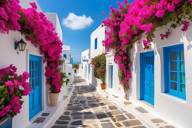 Street with beautiful pink bougainvillea flowers and white house walls colourful greek street in lefkes paros island