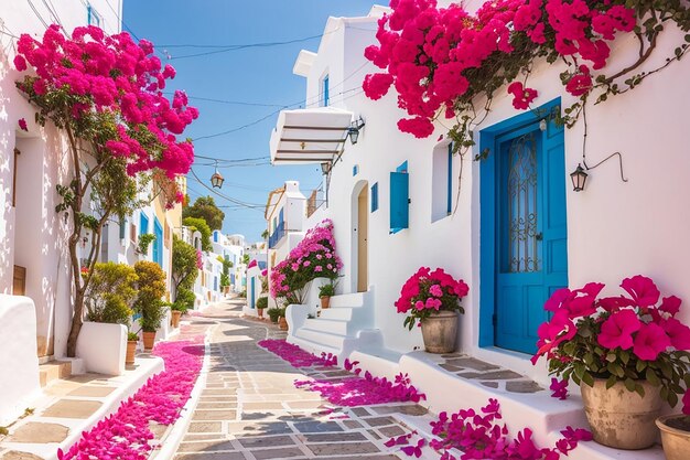 Street with beautiful pink bougainvillea flowers and white house walls