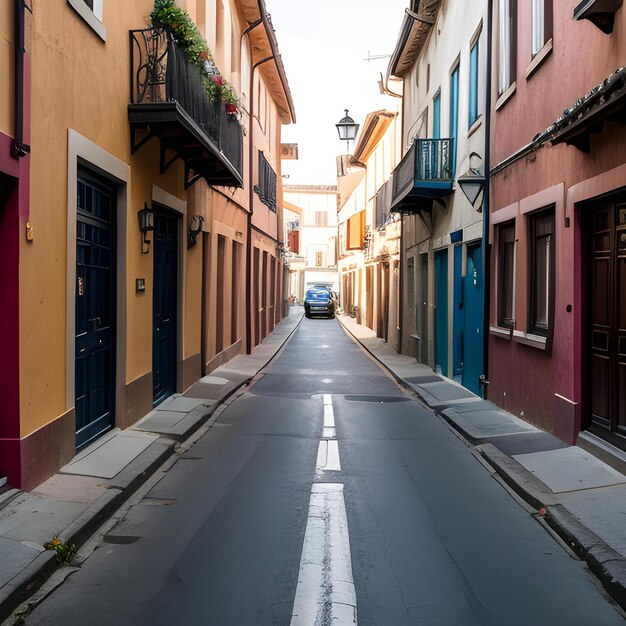 Foto una strada con un furgone blu parcheggiato sul lato