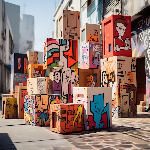 a street with boxes of graffiti and a cat on the side