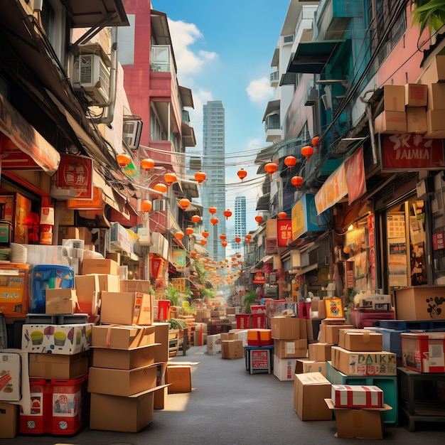a street with boxes and one that says quot asian quot on it