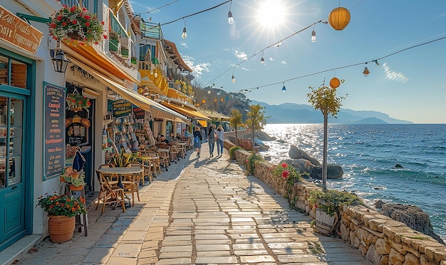 a street with a building that says  the name of the sea