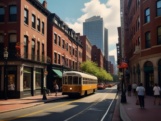 Photo a street with a bus that says quot tram quot on it