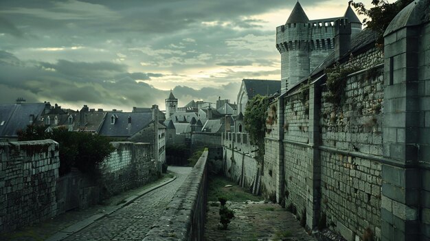 Photo a street with a castle on the top and a building in the background