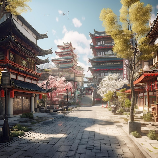 A street with a chinese style building and a tree with pink flowers.