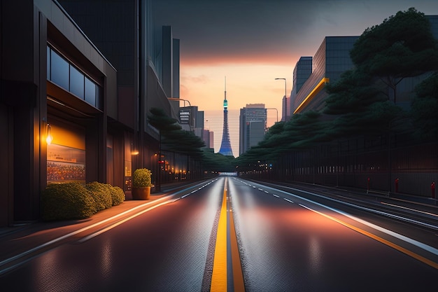 A street with a cityscape and a building with a light on it