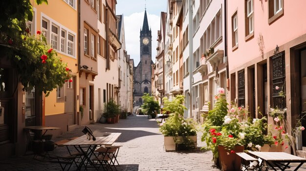 a street with a clock tower in the background