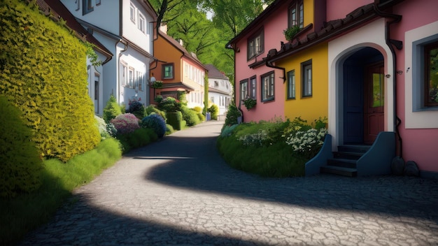 A street with colorful houses and trees in the background