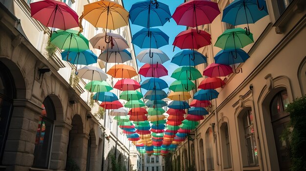 Улица с красочными зонтиками привлекает внимание туристов