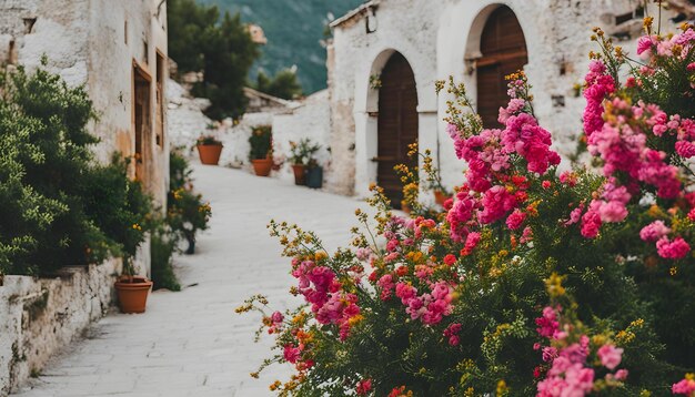 a street with a flower pot and a door that says  the name of the town