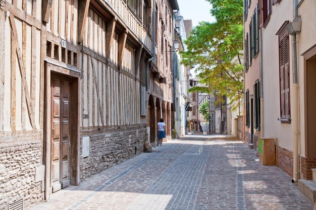 Street with halftimbered houses in in Troyes France