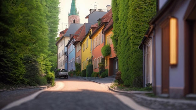 A street with a house on it and a car on the right side.