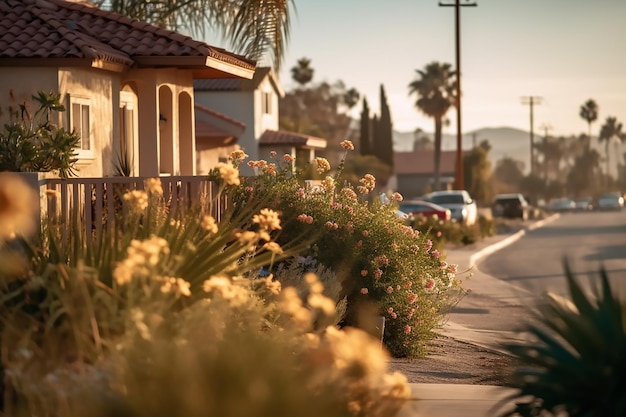 Street with a house and palm trees in the background