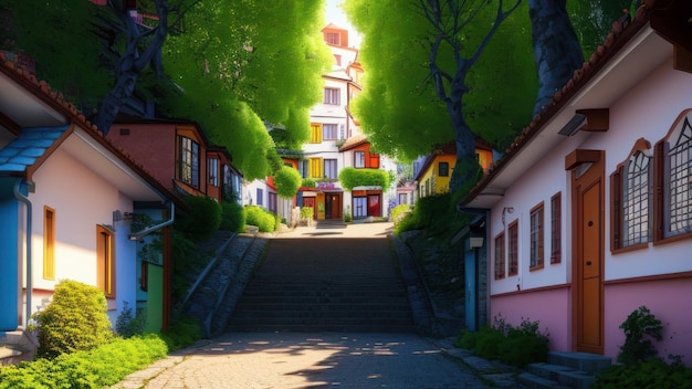 A street with a house and trees