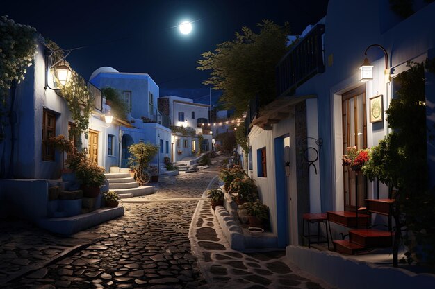 Photo a street with a house with a full moon in the background