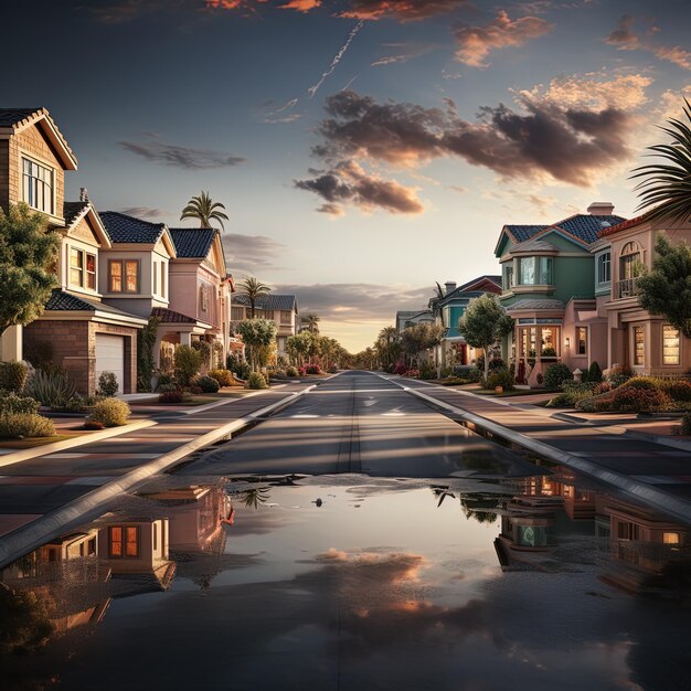 a street with houses and a bird on the water