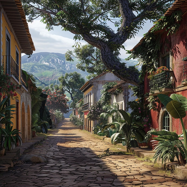 a street with houses and a mountain in the background