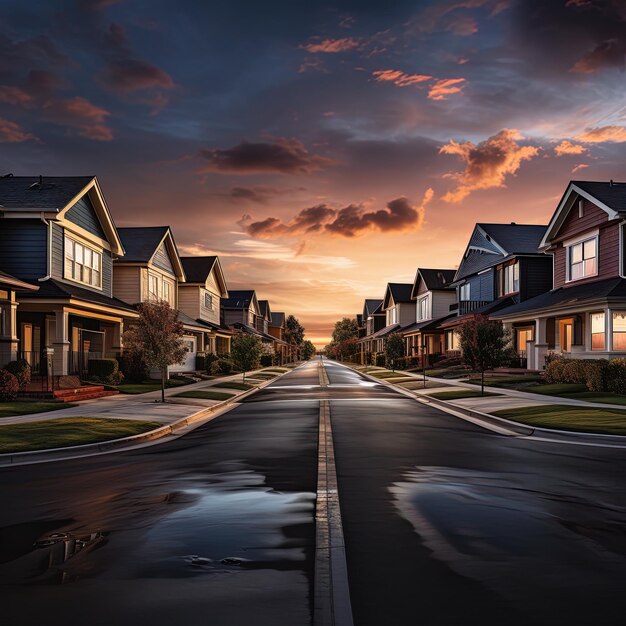 a street with houses on the side and a cloudy sky in the background