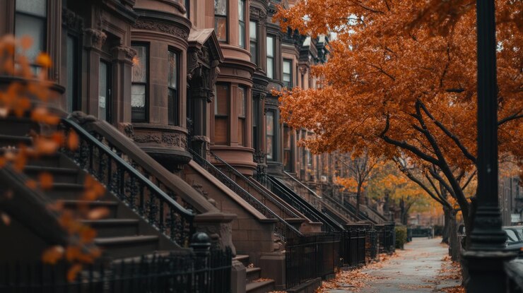 A street with houses and trees in the background The trees are orange and yellow There are cars parked on the street