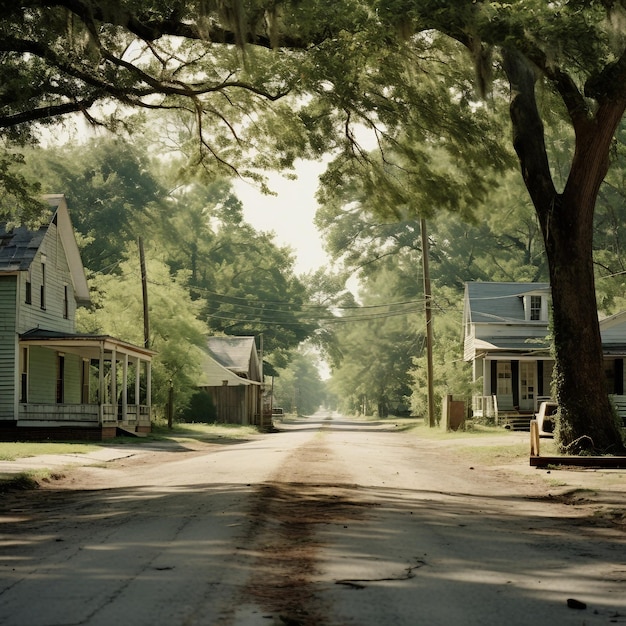 A street with houses and trees on both sides of it