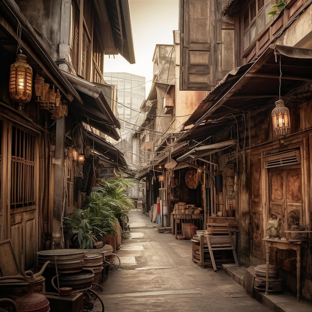 a street with a lantern and a basket on the left