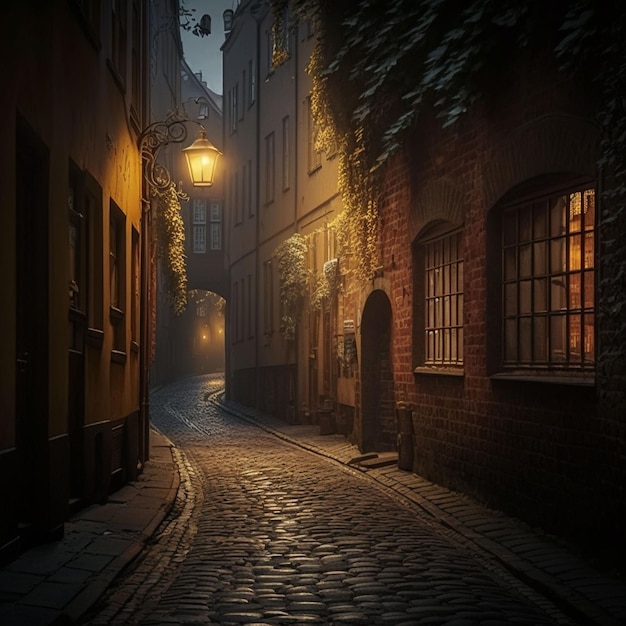 A street with a lantern on it