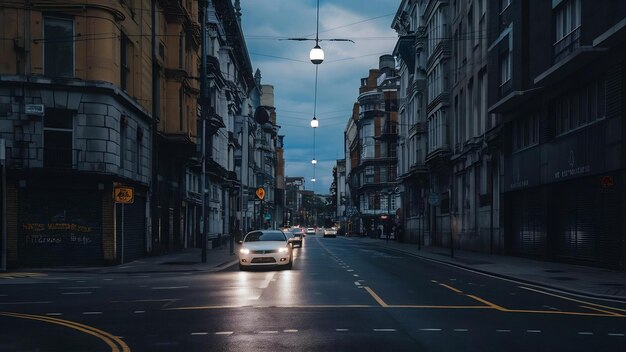 A street with a light on it and a car on the road