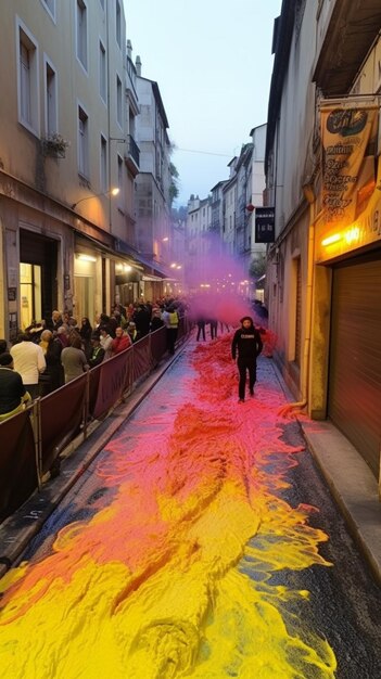 A street with a man walking down it that has the word holi on it