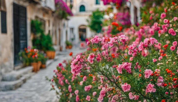 a street with many flowers and a building in the background