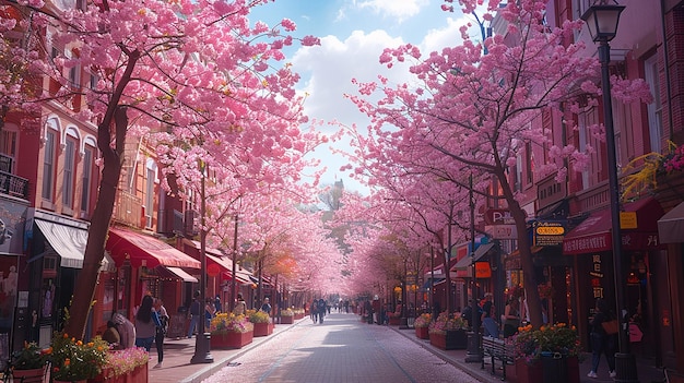 a street with many people walking and a pink cherry blossom tree