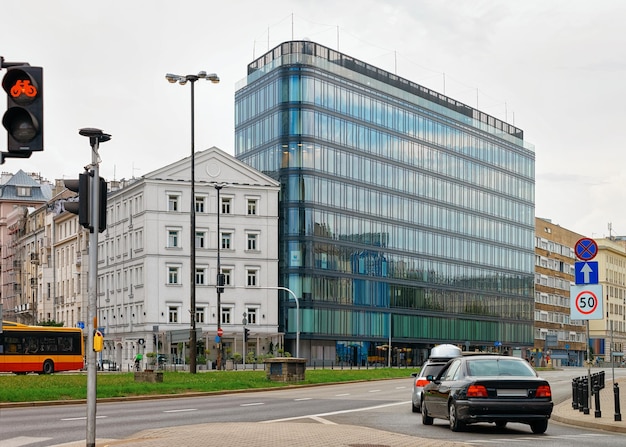 Street with Modern skyscrapers in the center of Warsaw in Poland