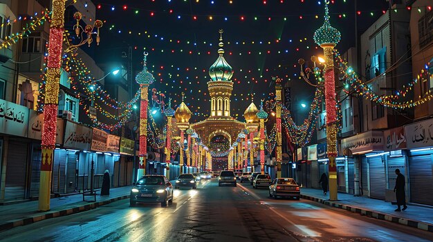Photo a street with a mosque and a decorated street with a christmas lights