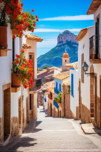 a street with a mountain in the background and a picture of a church with a mountain in the background