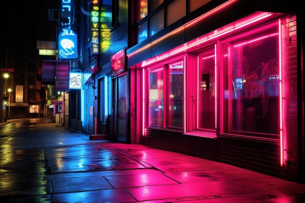 a street with a neon sign that says " drink ".