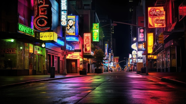 A street with a neon sign that says " go to the right ".