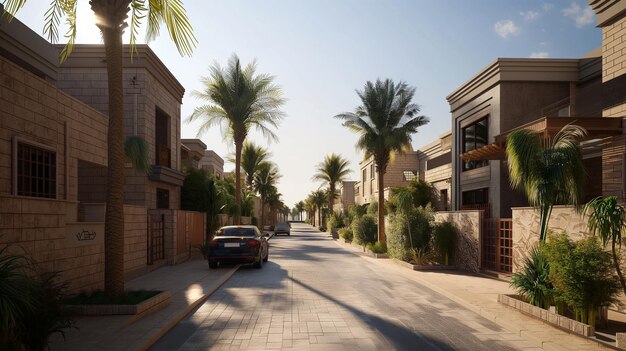 Photo a street with palm trees and a car parked on the side of it