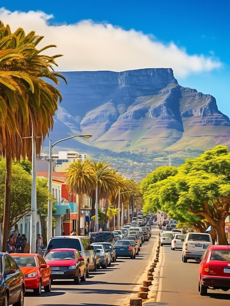 Photo a street with palm trees and a mountain in the background